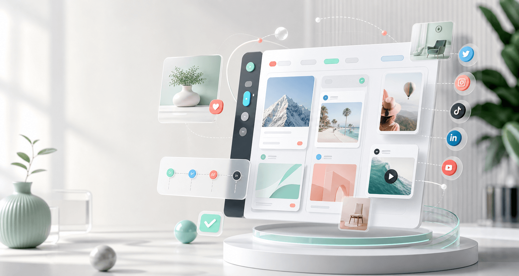 A bright product workspace showing connected social media content cards